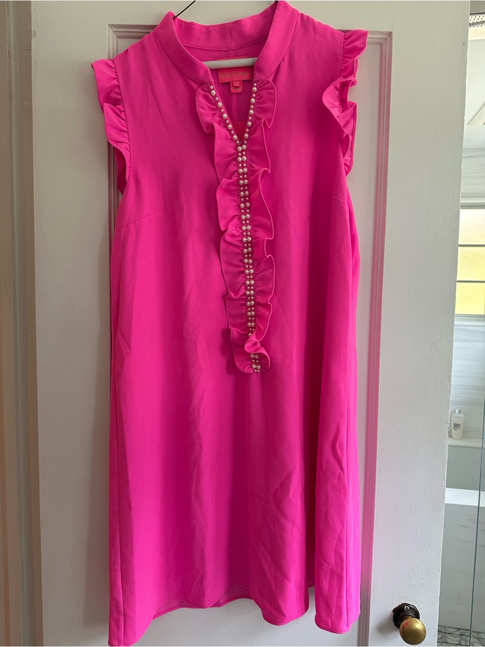 Lilly Pulitzer Hot Pink Ruffle Pearl-Front Sleeveless Dress